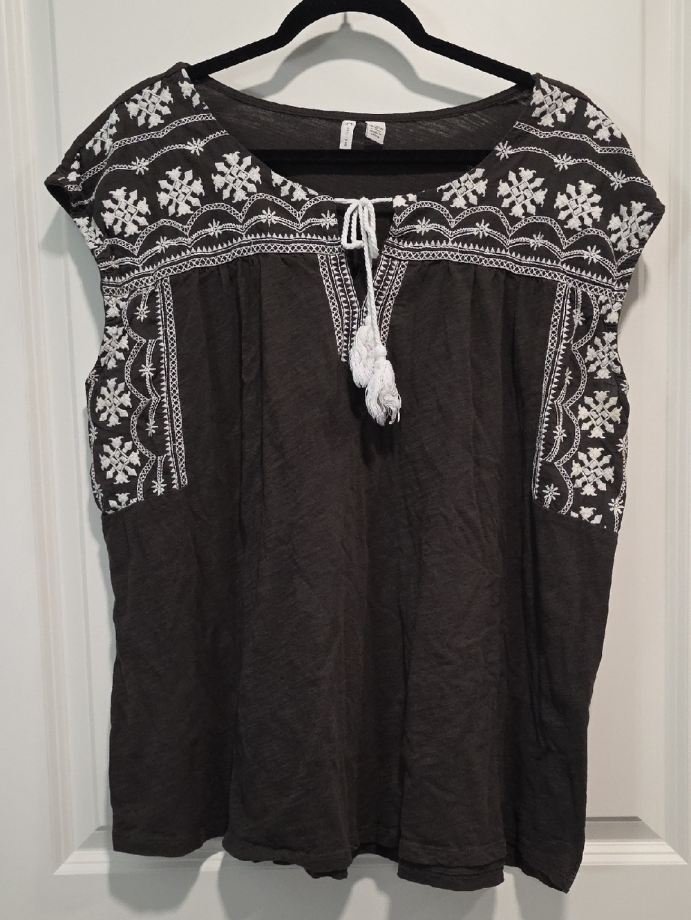 Cato Charcoal Tunic Top with White Embroidered Yoke